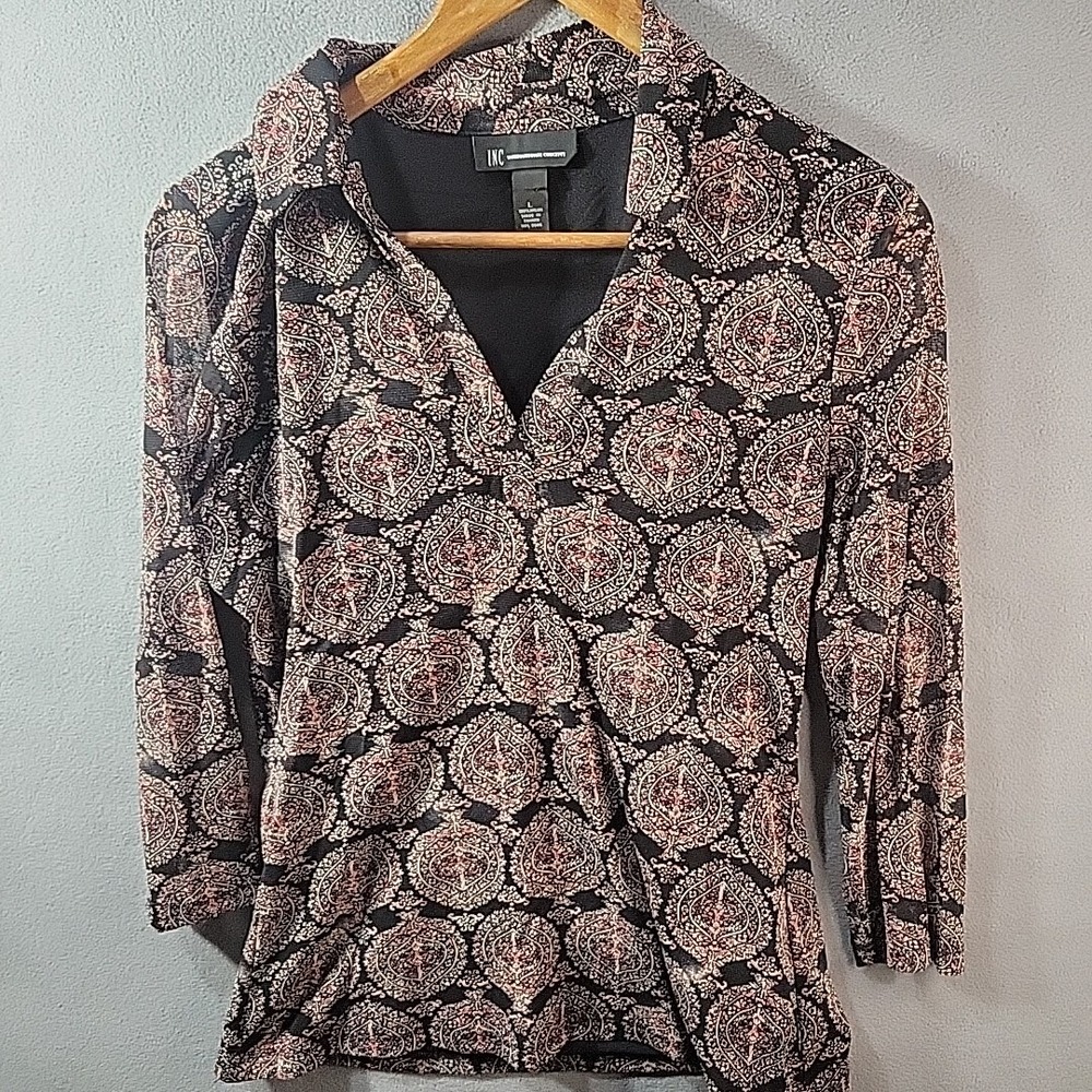 INC International Concepts‎ Blouse Womens Large Black Red White Long Sleeve